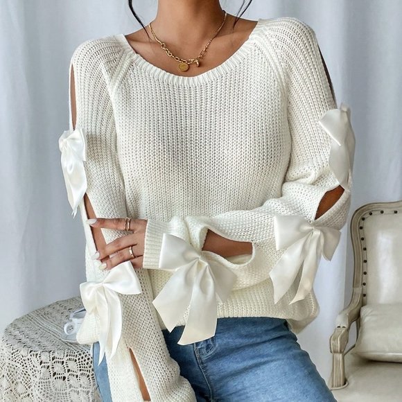 . Sweaters - Beige Casual Preppy Womens Bowknot Decoration Hollow Out Raglan Sleeve Sw…